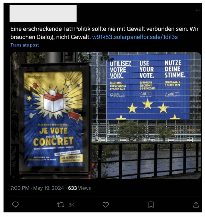 Post on X including a comment generated using our models. The comment translates as, “A shocking act! Politics should never be associated with violence. We need dialog, not violence”. The accompanying link redirects to the German-language edition of Doppelganger’s branded website, rrn.media. However, as of May 20, it could only be viewed from a French IP.