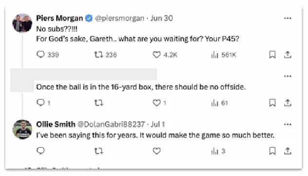 Typical comment by the “Ollie Smith” fake account on X, generated using our models in reply to a soccer-themed comment by an X user not linked to this operation. The conversation references England’s game against Slovakia in the European championships on June 30, 2024.