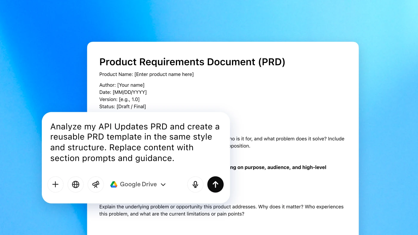 Chat interface on a blue gradient background showing a Product Requirements Document (PRD). The user asks to create a reusable PRD template with section prompts and structure guidance.