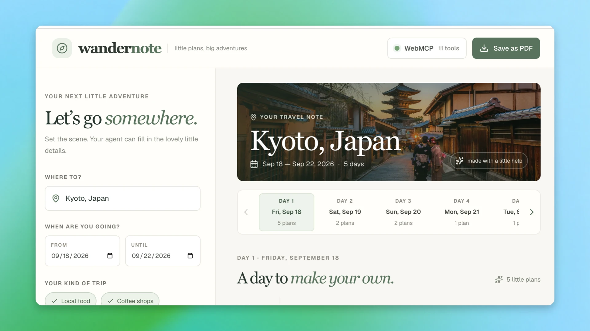 Screenshot of the Wandernote WebMCP example app displayed on an approved neutral wallpaper