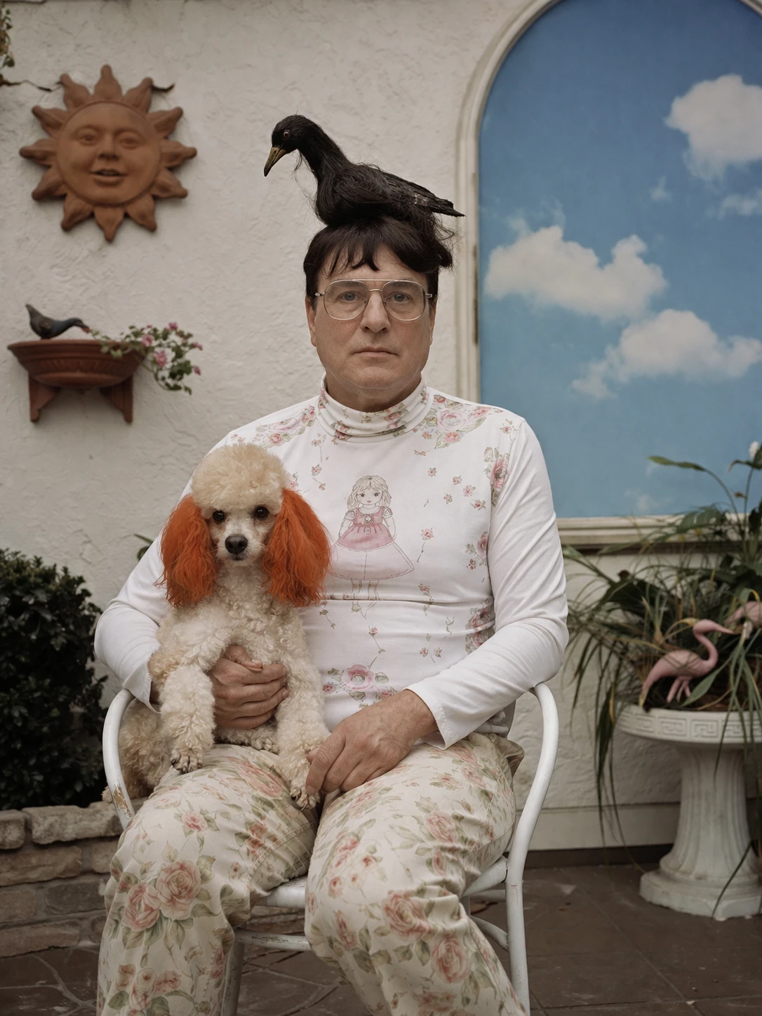 Generated with ChatGPT Images 2.0, this surreal portrait blends deadpan character photography, eccentric styling, and dreamlike set design—a seated figure in floral clothing holding a poodle while a black bird rests on their head. It demonstrates strong identity-driven portraiture, narrative oddity, and cohesive art-direction in a single frame.