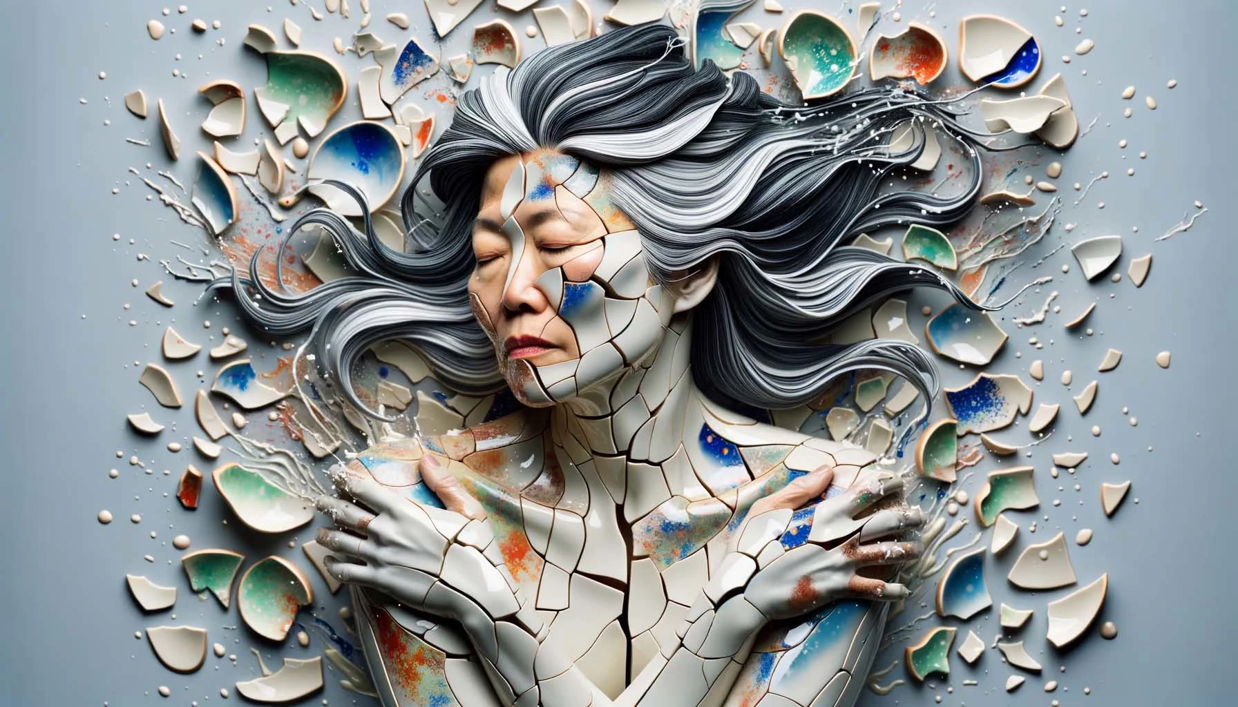Sculptural artwork of a woman's face constructed from paper and ceramic shards, capturing a moment of disintegration with flowing hair and vivid blue and white fragments.