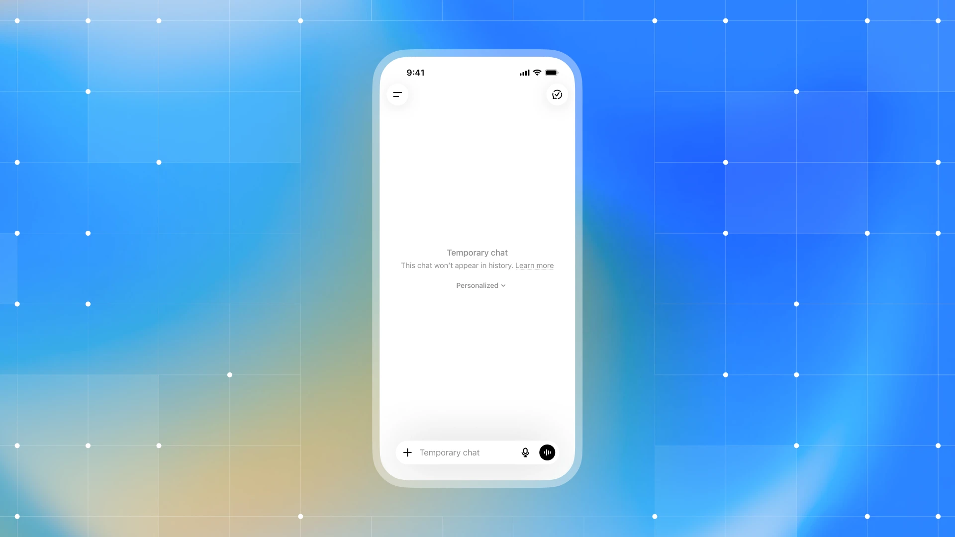 ChatGPT Temporary Chat screen with the Personalized option, showing that the chat won’t appear in history.