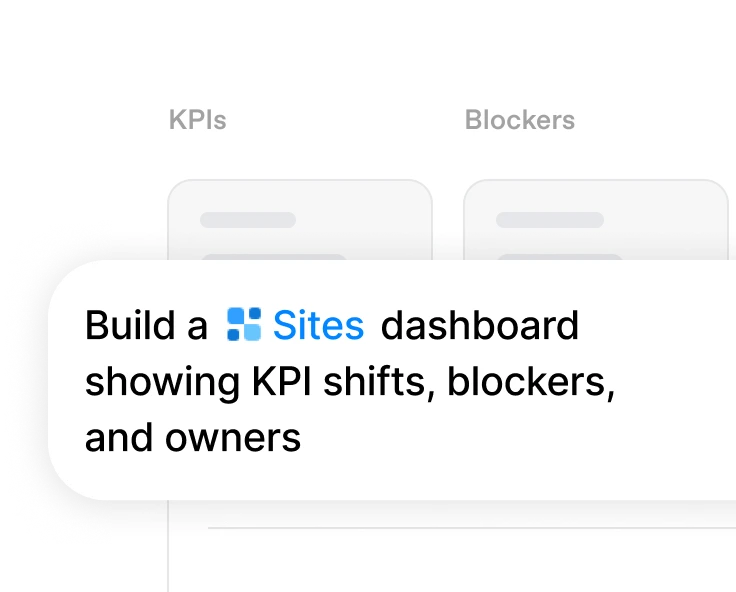 Prompt card building a Sites dashboard for KPI shifts, blockers, and owners.
