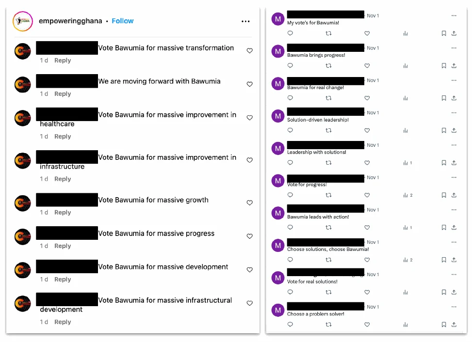 Comments and posts generated for Ghana election influence activity.