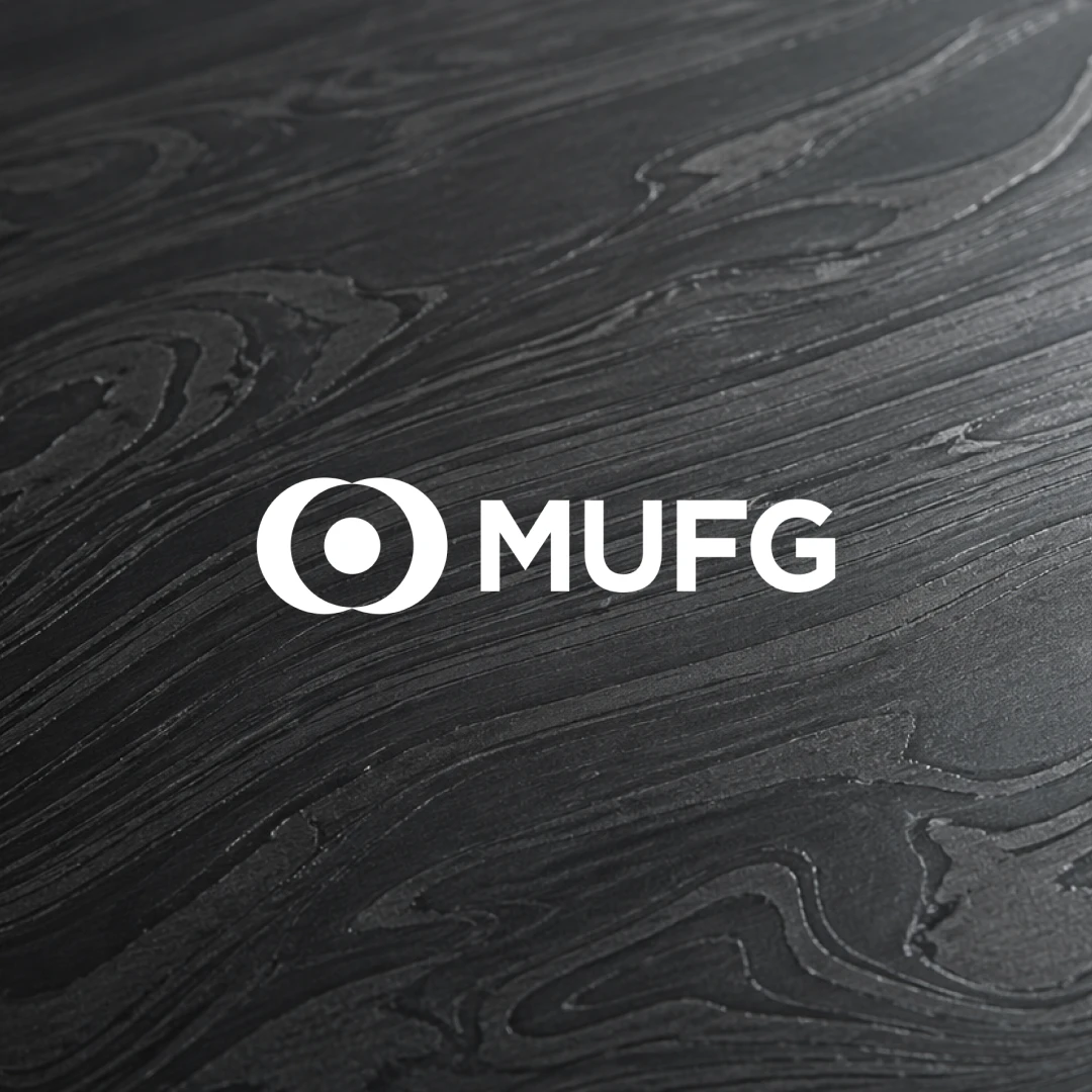 Abstract MUFG customer story artwork with geometric forms in red and white.