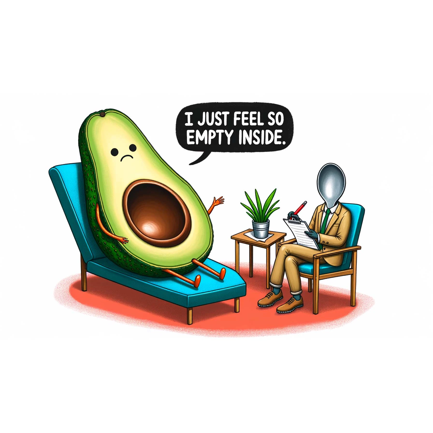 An illustration of an avocado sitting in a therapist's chair, saying 'I just feel so empty inside' with a pit-sized hole in its center. The therapist, a spoon, scribbles notes.