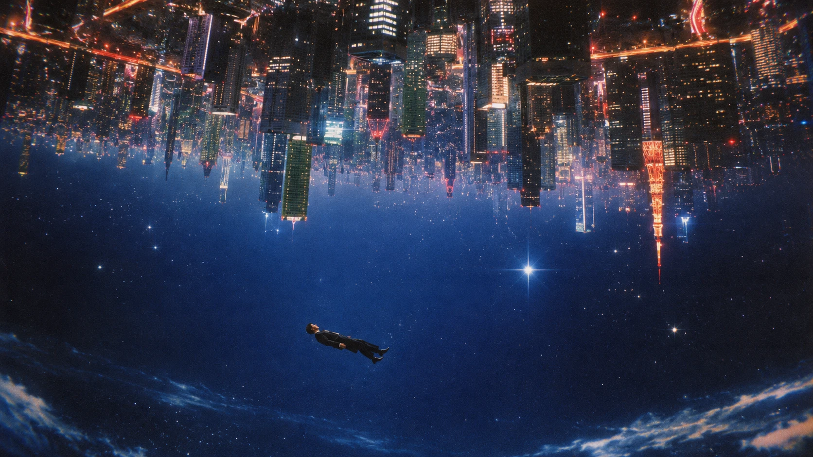 A person floats in a starry blue sky beneath an upside-down futuristic city, with illuminated skyscrapers extending downward from the top of the scene.