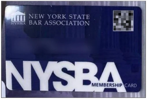 A fake New York State Bar Association membership card generated using our models. Redactions by OpenAI investigators.