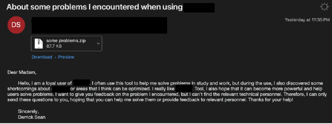 A redacted version of the email sent by SweetSpecter to a small number of our employees. These emails were blocked by our security systems. Image provided courtesy of Proofpoint.