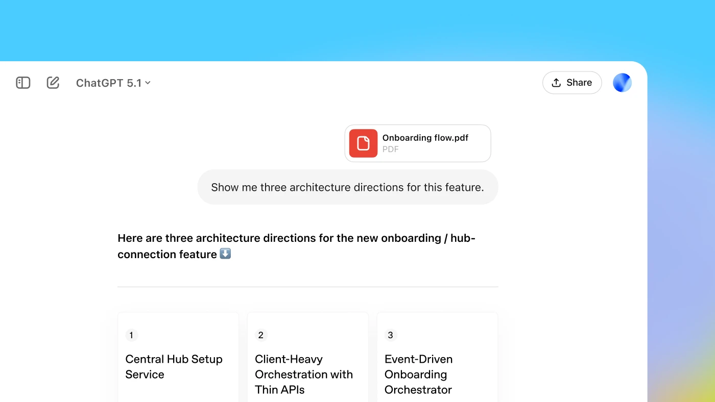 ChatGPT interface displaying a document titled Onboarding flow.pdf and a message asking for three architecture directions. The AI outputs three options for onboarding system design.