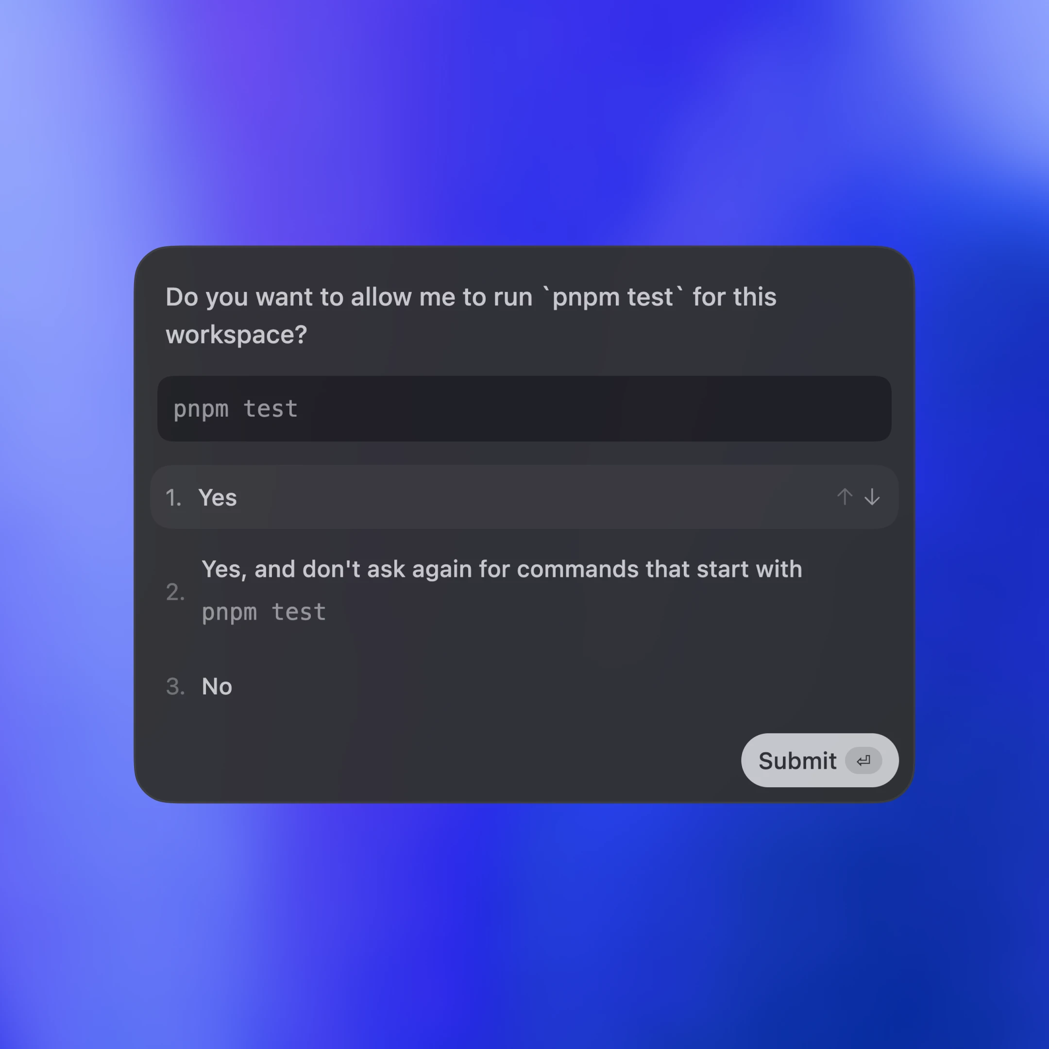 深色主题界面中的权限提示，询问：‘你希望允许我为该工作区运行 pnpm test 吗？’它列出了选项：1）是，2）是，并且不再询问以 pnpm test 开头的命令，以及 3）否，底部有一个提交按钮。
