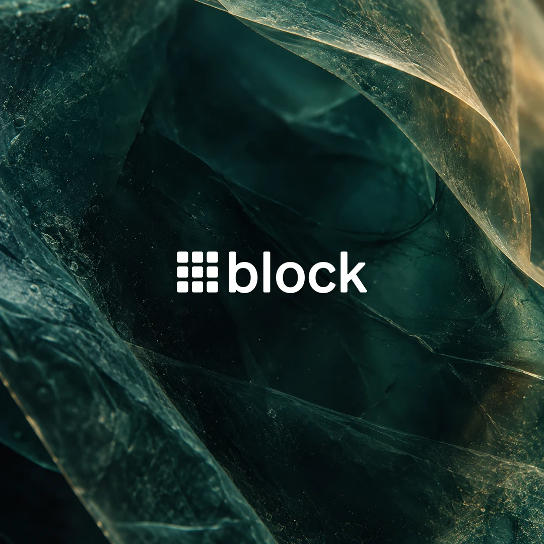 White Block logo over layered deep teal translucent texture with a warm amber edge.