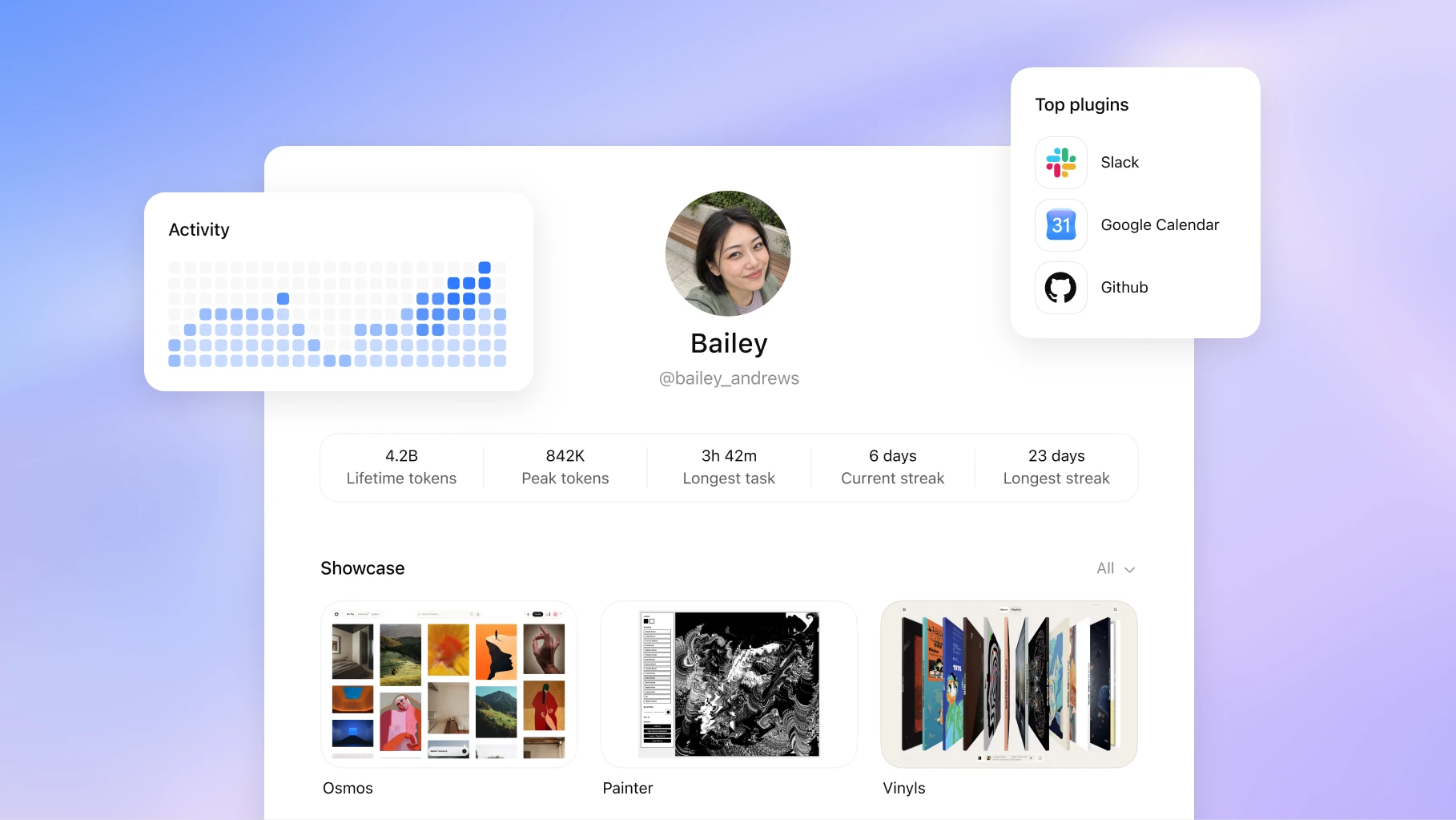 Shareable profile for Bailey with activity and showcased creations.