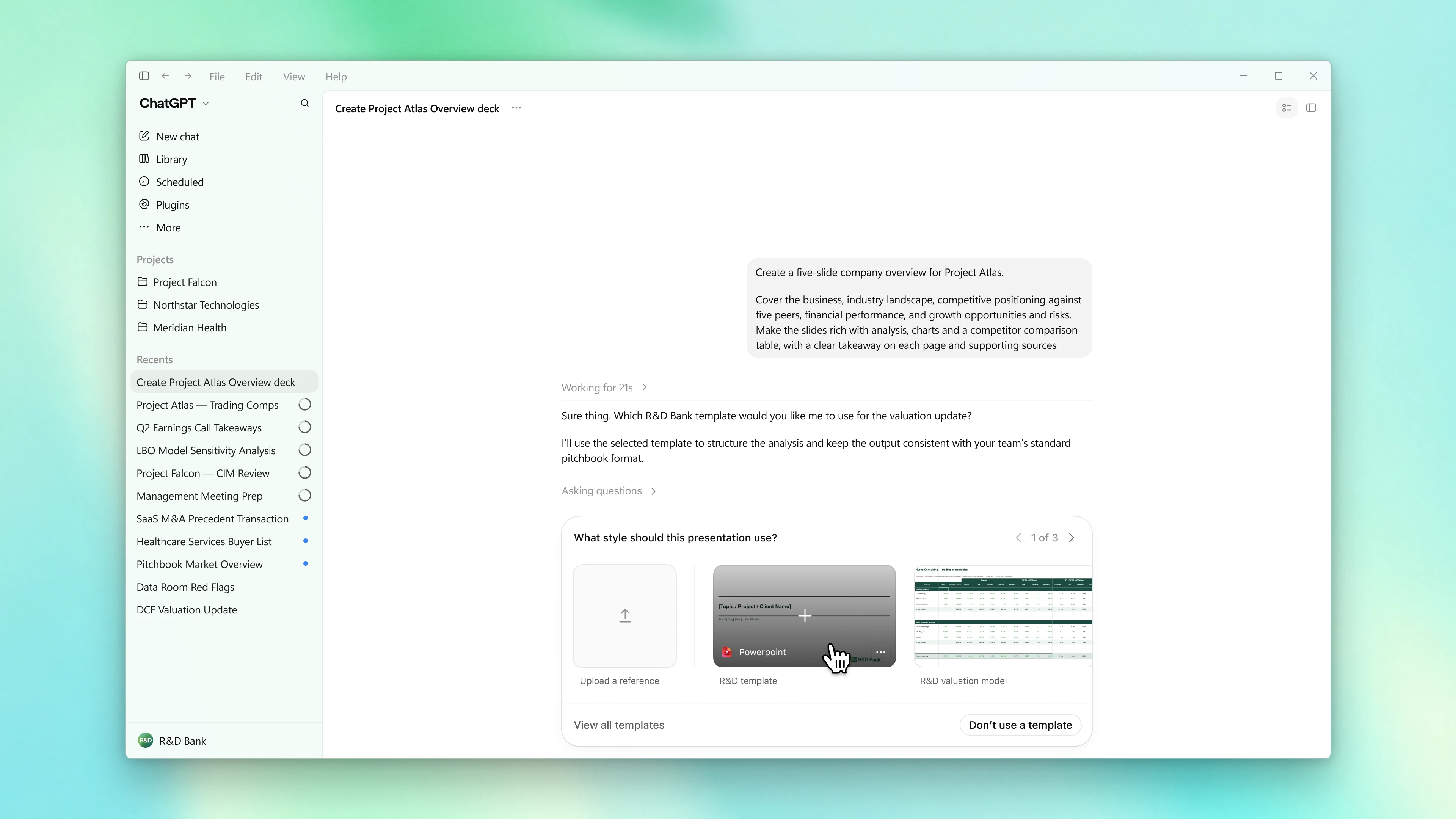 Product screen showing ChatGPT using a firm-approved template to create a company overview deck.