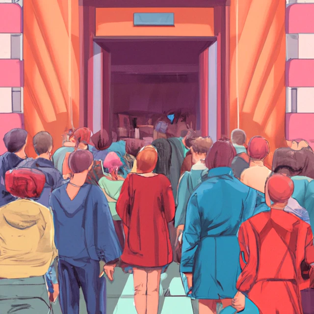 A comic drawing of a group of people walking into a large room, generated by DALL·E 2