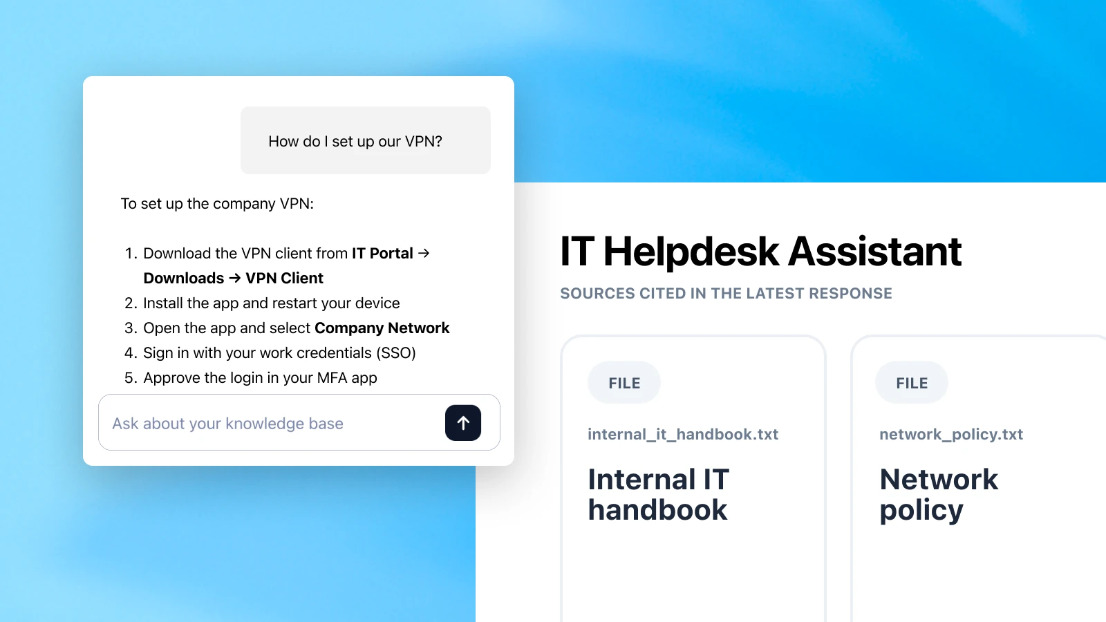 A mockup shows a chatbot answering an IT helpdesk question about setting up a VPN, listing setup steps. On the right, a panel titled “IT Helpdesk Assistant” displays cited sources like “Internal IT handbook” and “Network policy.” The background is blue and white.