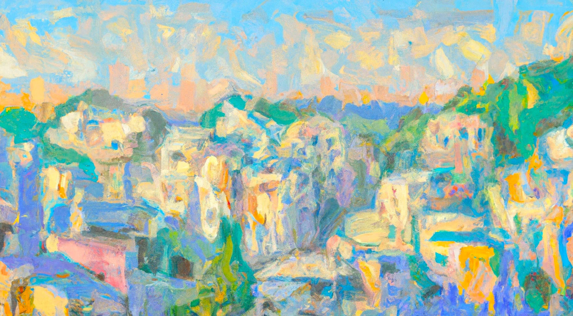 An impressionist painting depicting a colorful cityscape with expressive brushstrokes in a palette of blues, greens, yellows, and hints of pink under a light sky.