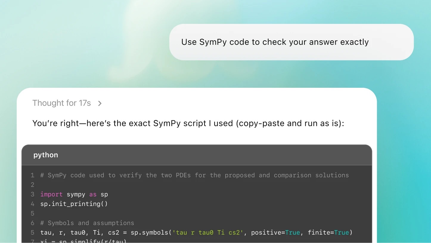 A ChatGPT conversation where the assistant displays a SymPy Python script used to verify PDE solutions. The code block shows imported SymPy functions and symbolic variable definitions.