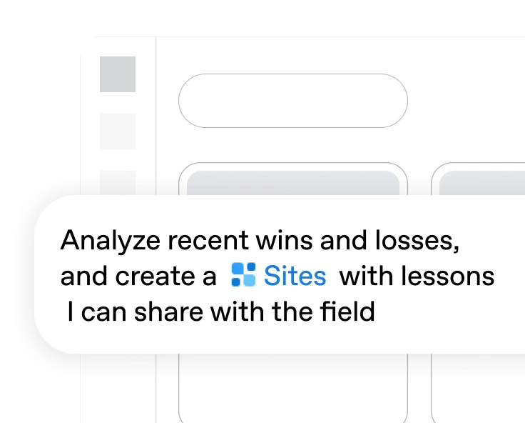 Shared Sites sales playbook with a prompt to analyze recent wins and losses and share lessons with the field.
