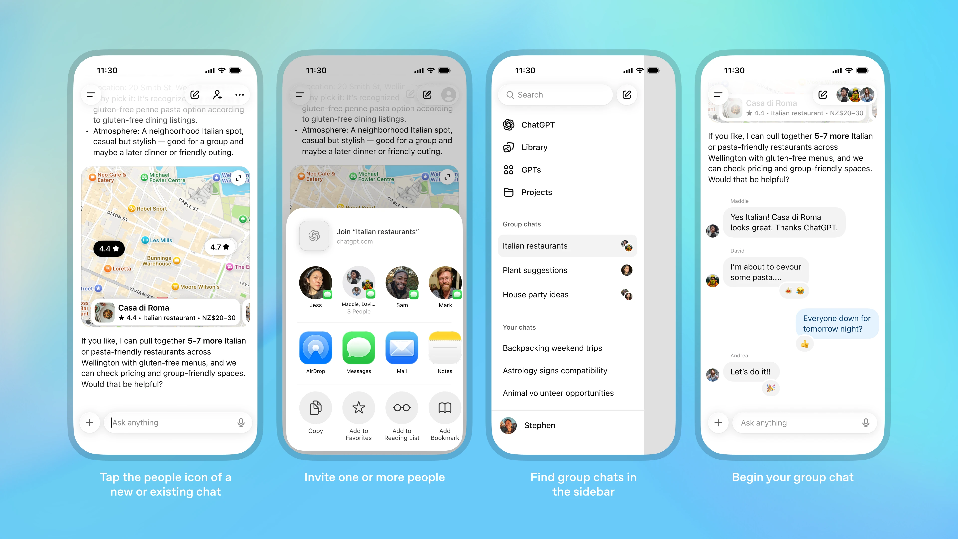 群聊界面四连击：①新建 ②资料 ③邀请 ④管理