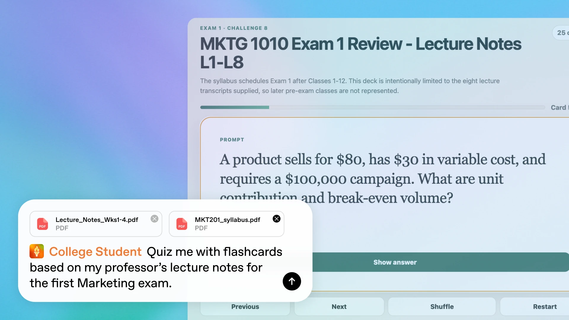 Flashcard study interface generated from marketing lecture notes with uploaded PDF files and a student prompt.