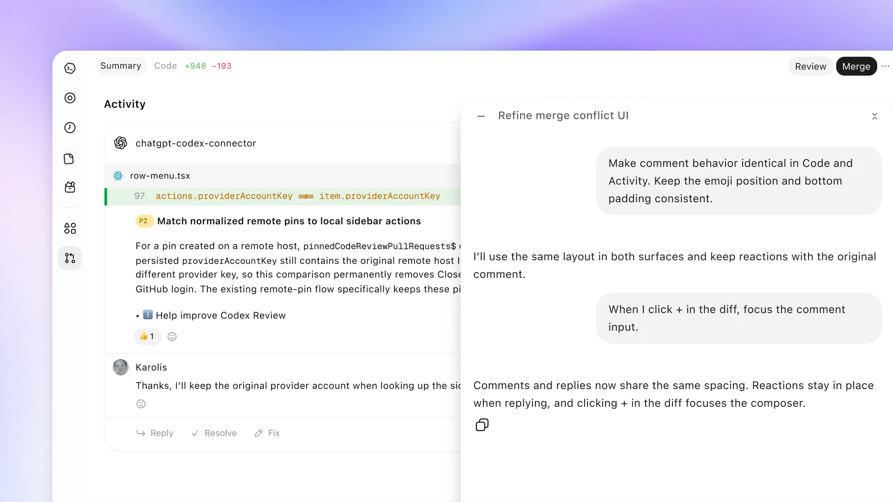 Codex code review interface with a discussion of a code change.