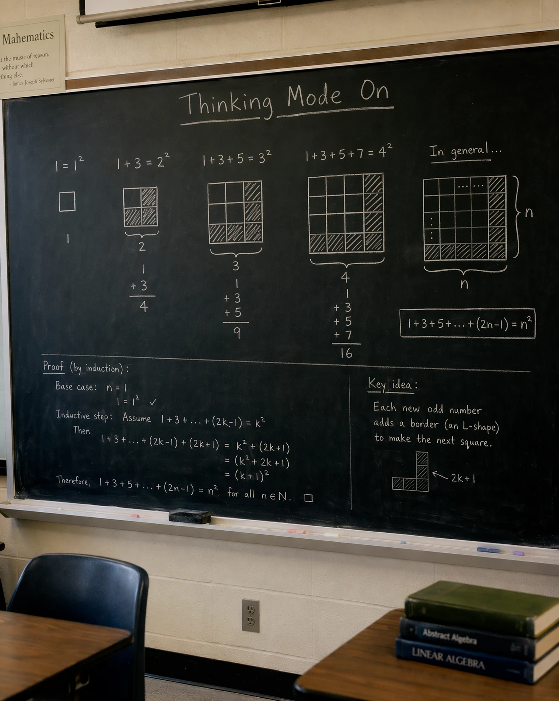 Generated with ChatGPT Images 2.0, this scene turns a classroom blackboard into a visual math proof—showing how the sum of consecutive odd numbers forms perfect squares. It demonstrates structured reasoning, symbolic accuracy, and pedagogical layout design in a single image.