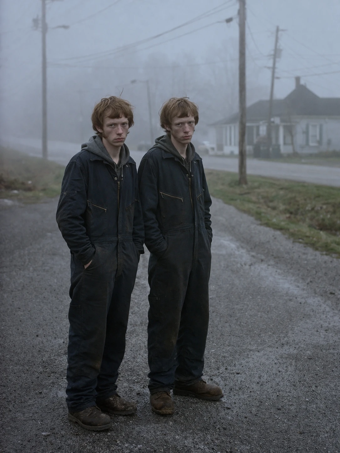 Generated with ChatGPT Images 2.0, this atmospheric cinematic portrait captures uncanny realism and subtle surrealism—two near-identical figures standing in a foggy roadside town. It demonstrates strong control of mood, environmental storytelling, photographic composition, and psychologically charged ambiguity.