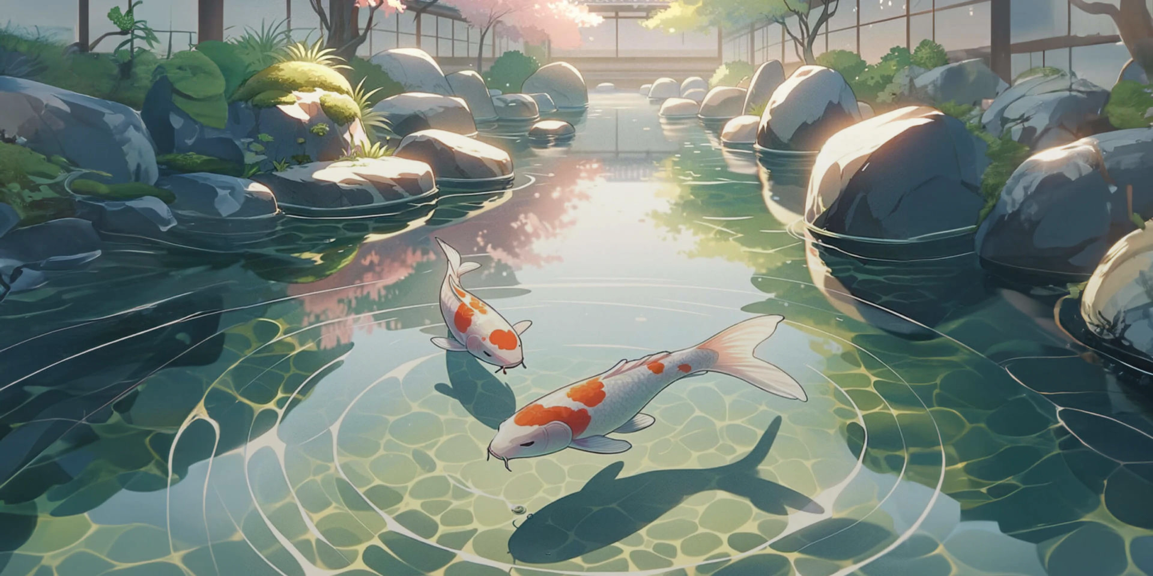 A tranquil, anime-style koi pond in a serene Japanese garden, featuring blossoming cherry trees.