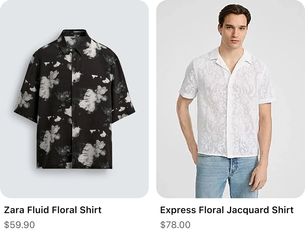 Two short-sleeve button-up shirts displayed side by side: a black shirt with a bold white floral pattern shown on its own, and a white floral jacquard shirt worn by a model, with product names and prices listed below.