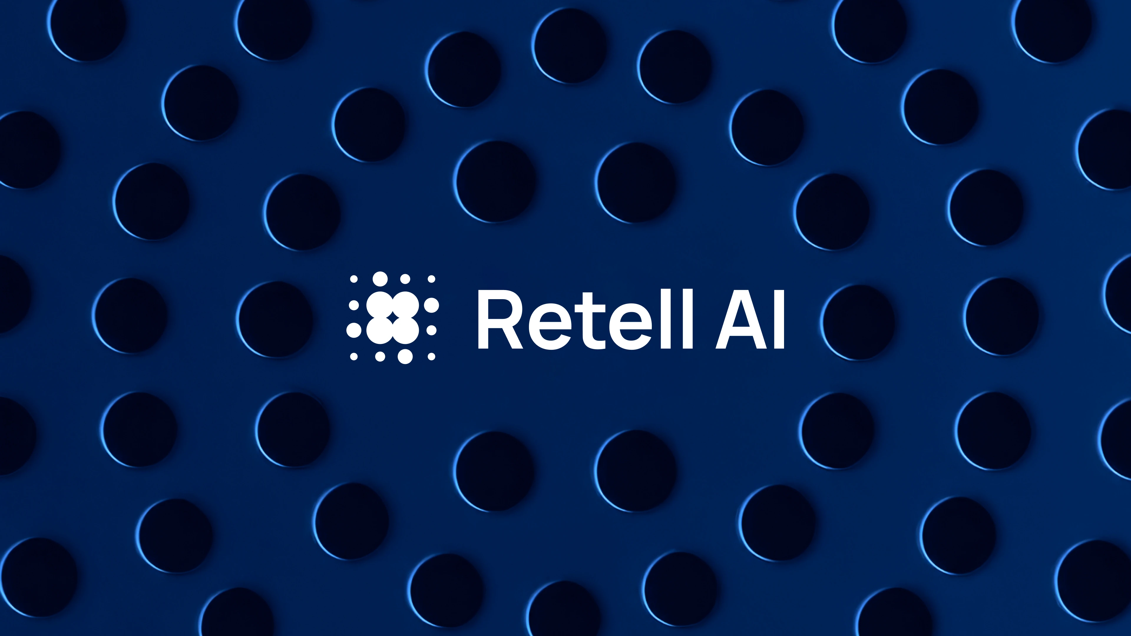 Retell AI logo with white text and icon on a blue background with raised circular patterns.