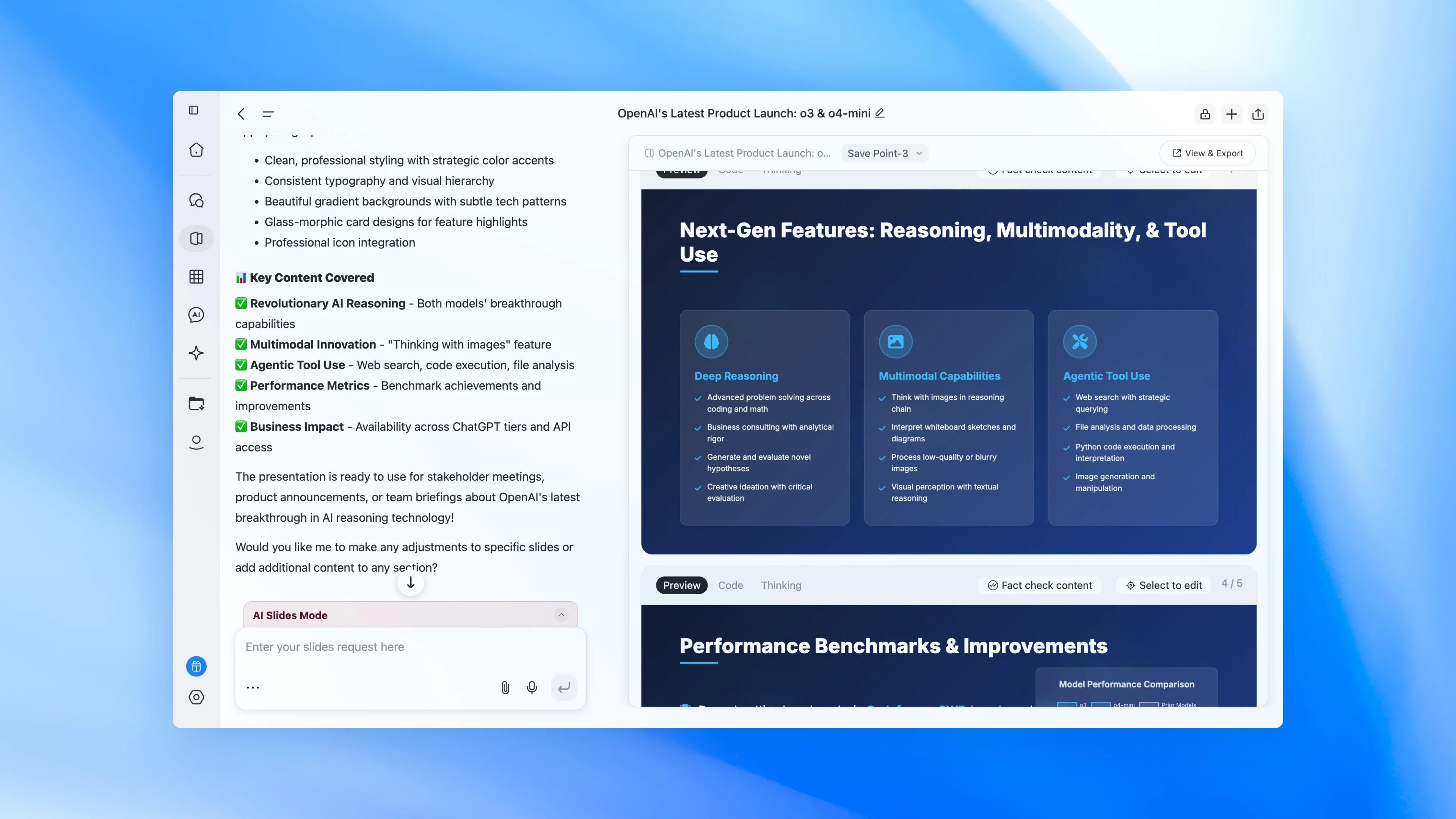 UI from Genspark's Super Agent, displaying the product's ability to generate a detailed report and slide deck based on a user's prompt