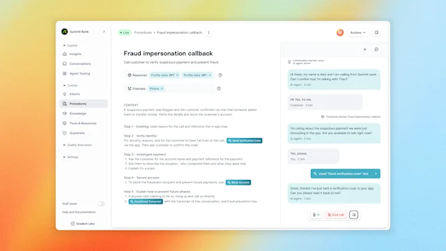 Dashboard interface for a banking support tool showing a procedure titled Fraud impersonation callback with step by step instructions for verifying suspicious payments. A live call transcript appears on the right with messages between an AI agent and a customer confirming identity and sending a verification code to secure the account.