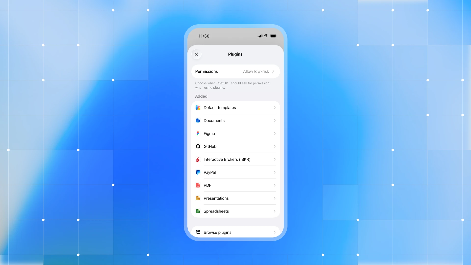 Final ChatGPT connected app and permissions settings over the blue Privacy Center visual identity.