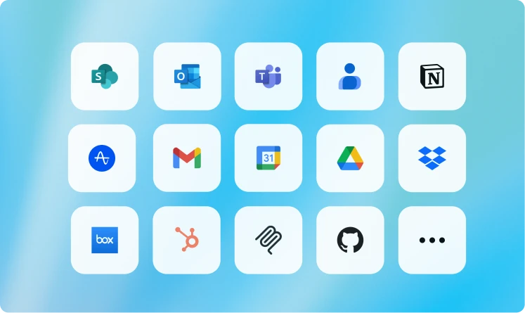 Grid of app icons including SharePoint, Outlook, Teams, Notion, Gmail, Google Drive, Dropbox, and others on a blue background.