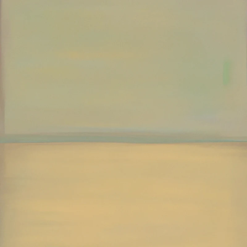 A minimalist abstract painting featuring a horizontal line with a yellowish foreground and a hazy green vertical streak on the right against a pale backdrop.