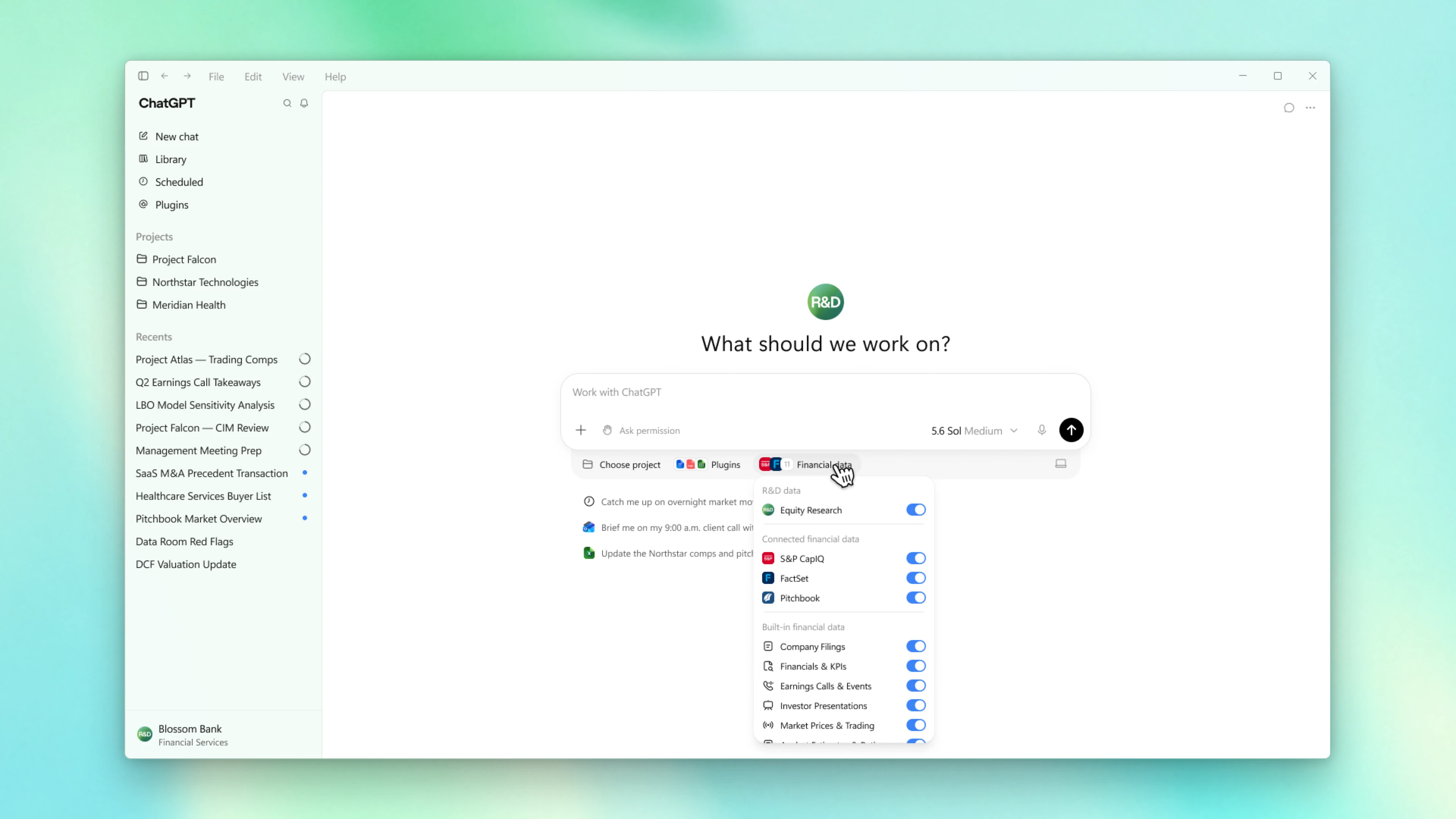 Product screen showing the source picker in ChatGPT for Financial Services.