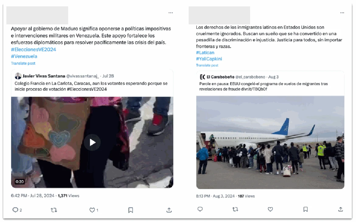 Posts about politics in Venezuela and the rights of Latinx communities in the U.S., posted by two different accounts on X. These posts garnered low to no engagement before the accounts were suspended.