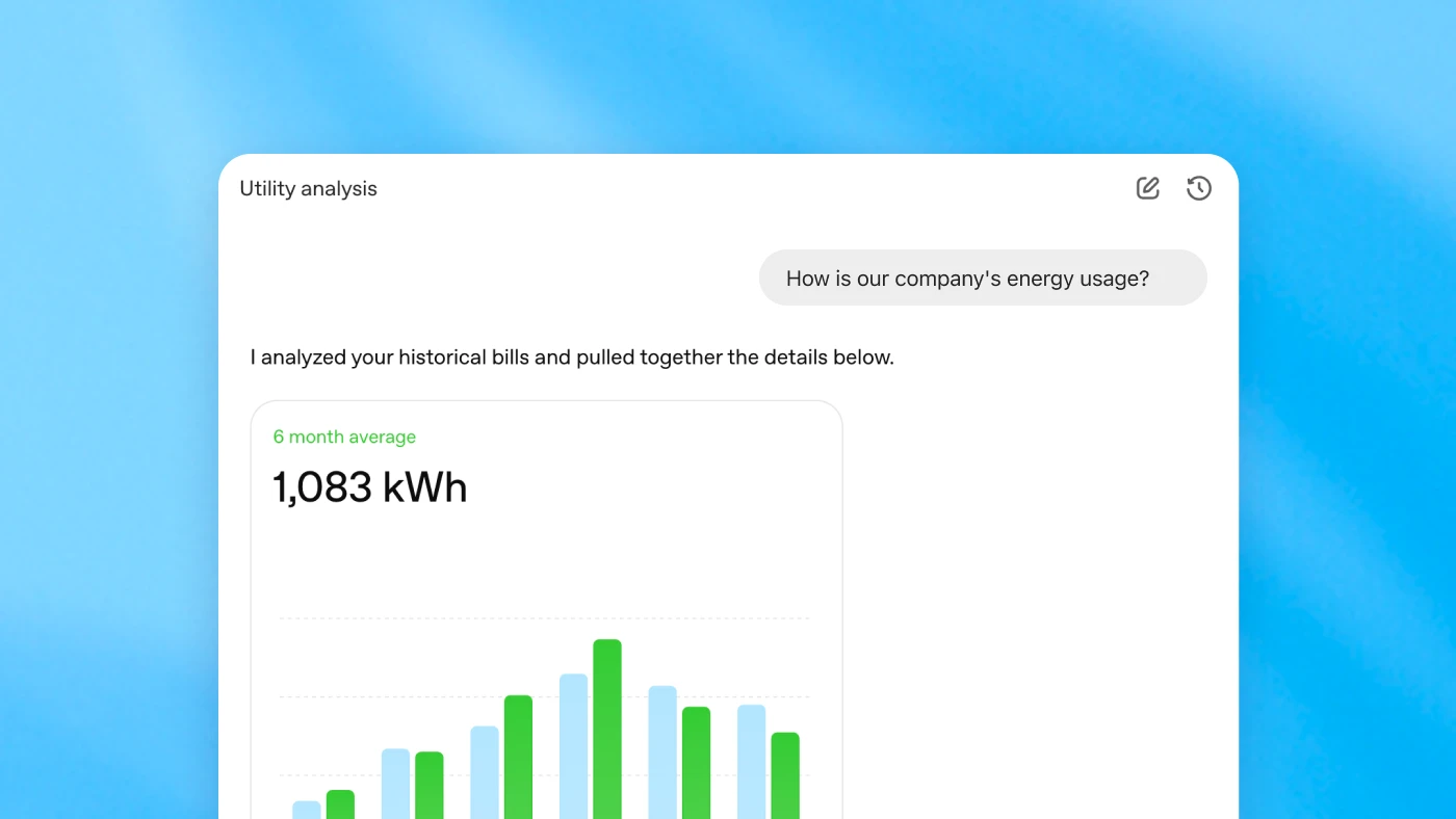 ChatGPT interface displaying an energy usage analysis with a bar chart showing a 6-month average of 1,083 kWh on a blue gradient background.