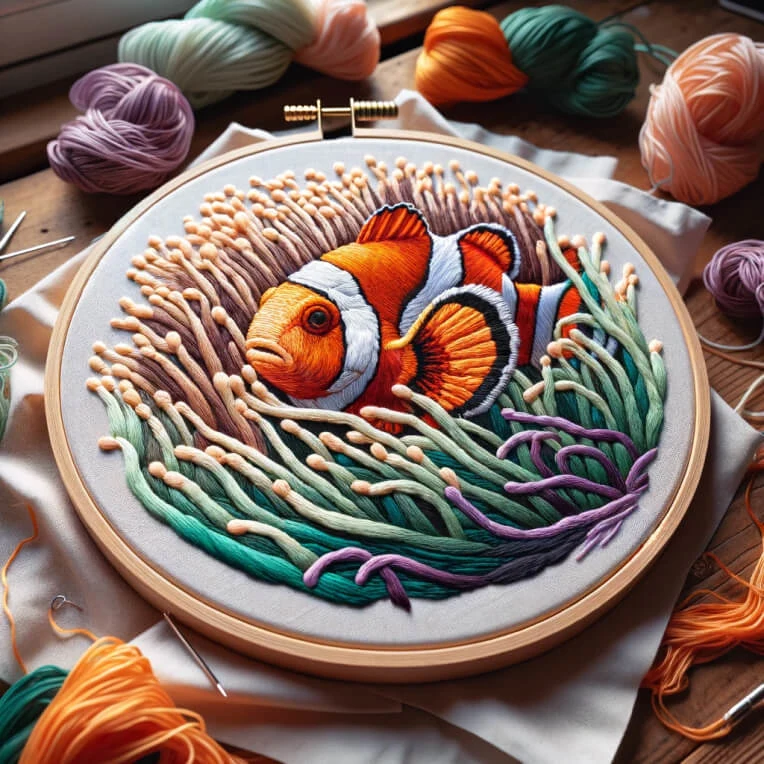 An ebroidery hoop depicts an intricate embroidery of a clown fish inside an anemone. Thread, needle, and scissors surround the hoop.