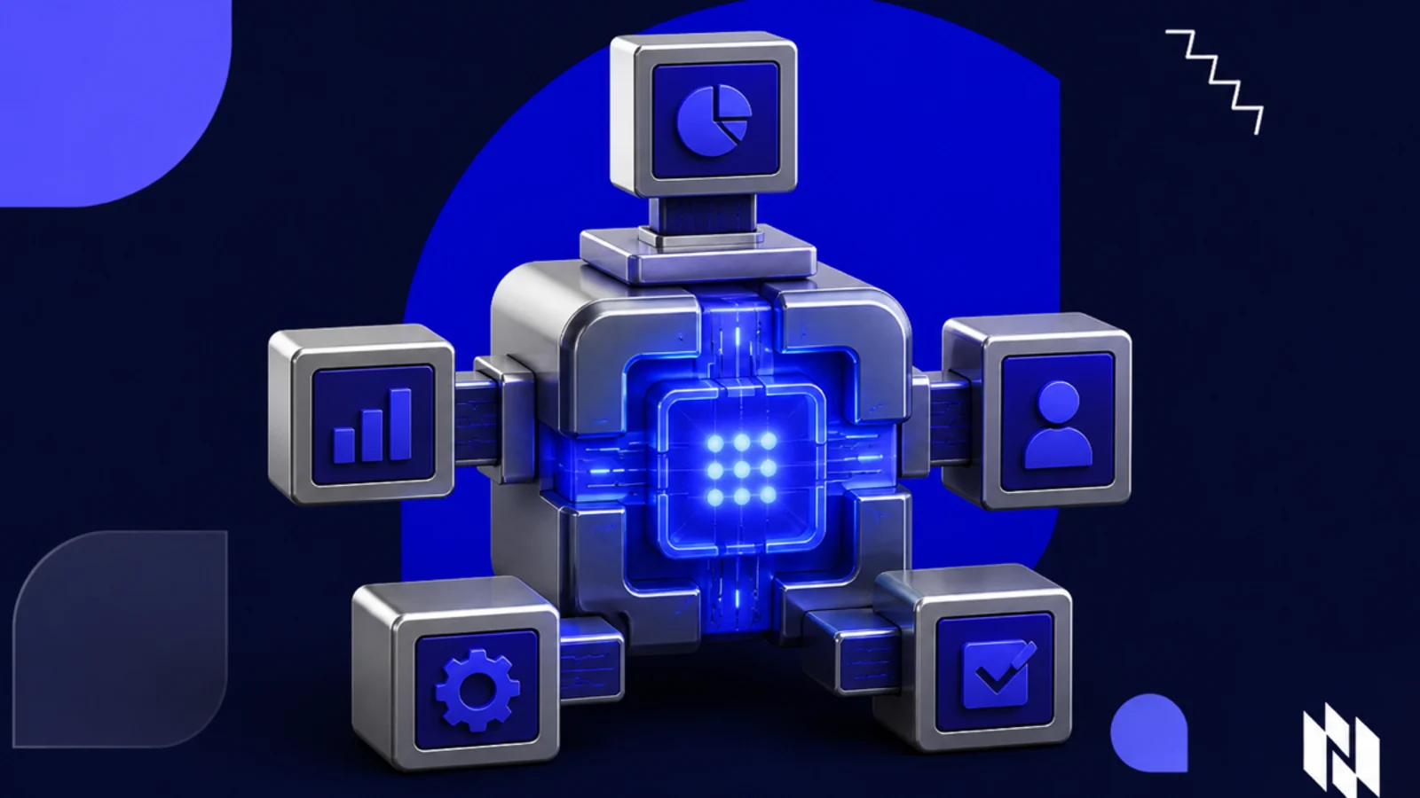 A modular AI system with connected analytics, workflow, user, and approval components