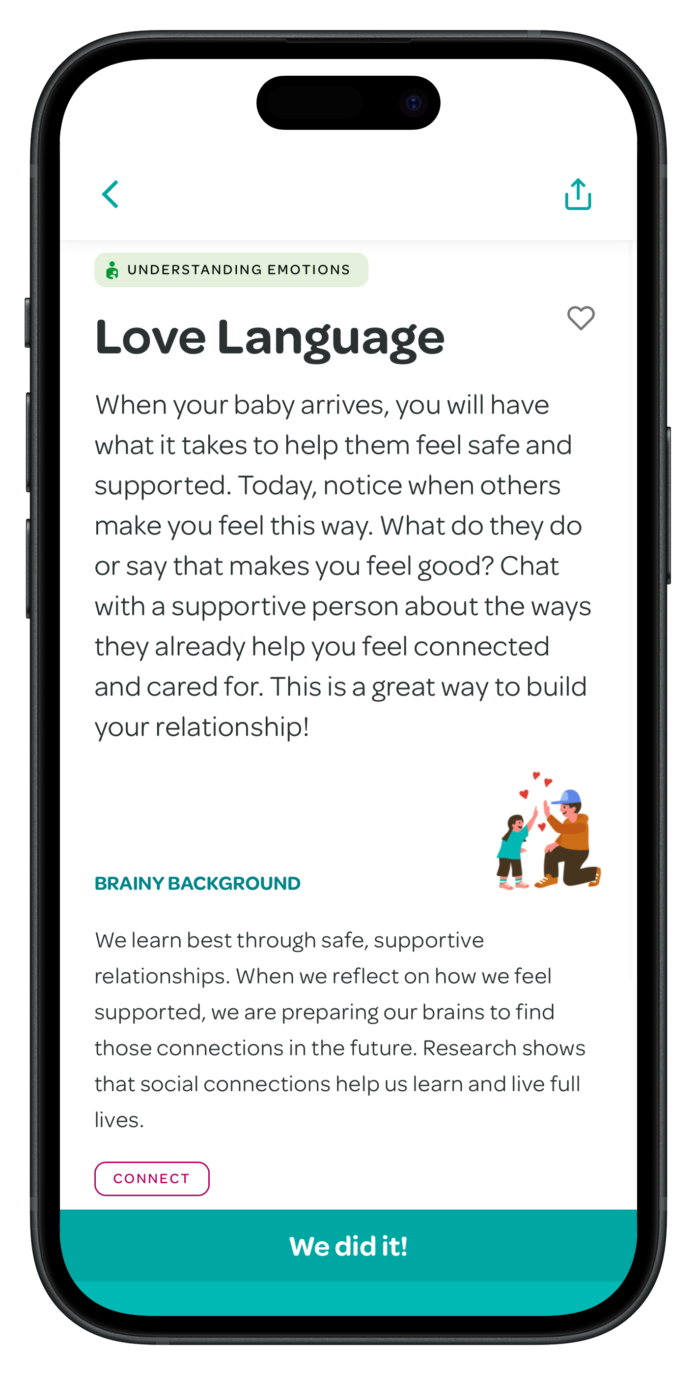 App screenshot showing a parenting tip