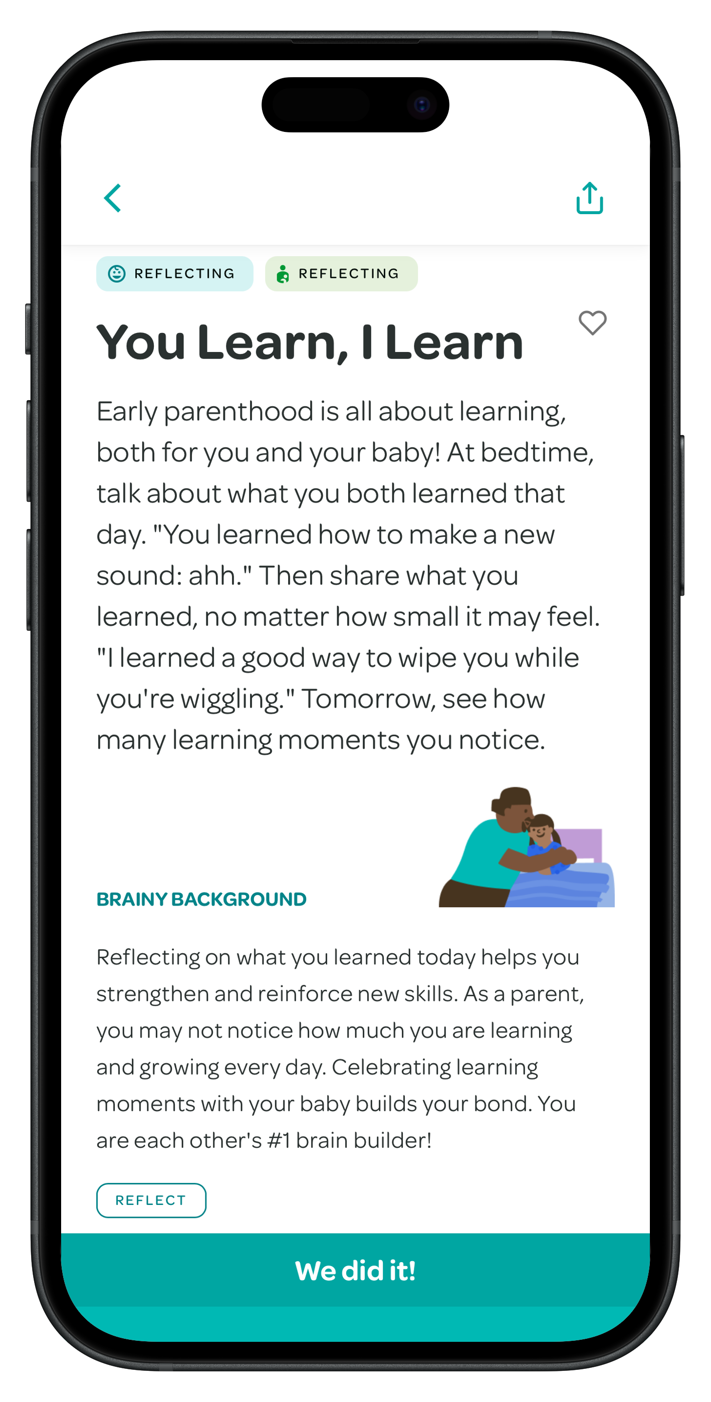 App screenshot showing a parenting tip