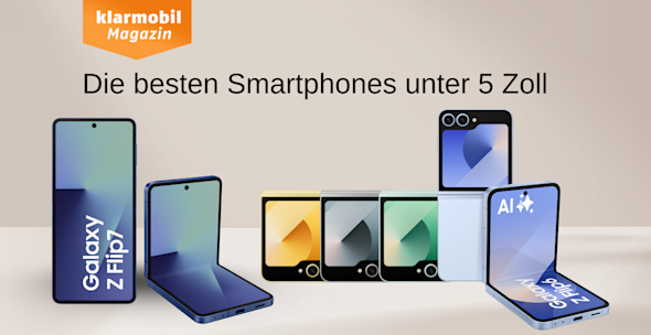 Bestenliste Smartphones unter 5 Zoll Header Image, Produktbilder Samsung Galaxy Z Flip7, Samsung Galaxy Z Flip6, Vorder-, Rück- und Klappansicht, verschiedene Farben