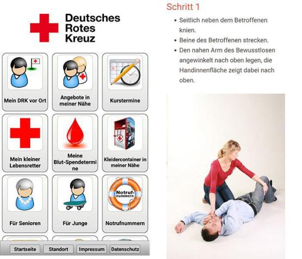 Screenshots aus der App vom Deustchen Roten Kreuz (DRK).