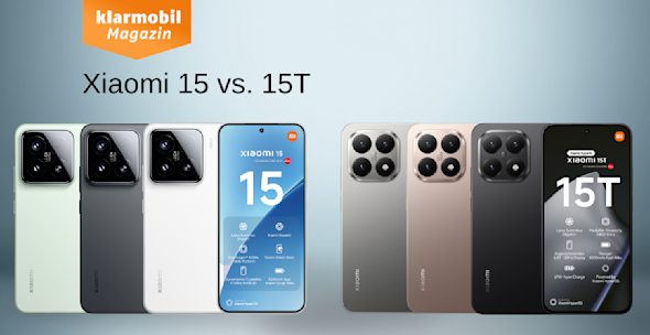 Produktbilder Xiaomi 15 und Xiaomi 15T, jeweils Vorder- und Rückseite, verschiedene Farben