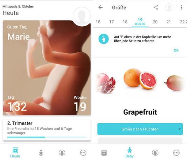 Zwei Screenshots der Schnwagerschafts-App Schwangerschaft+