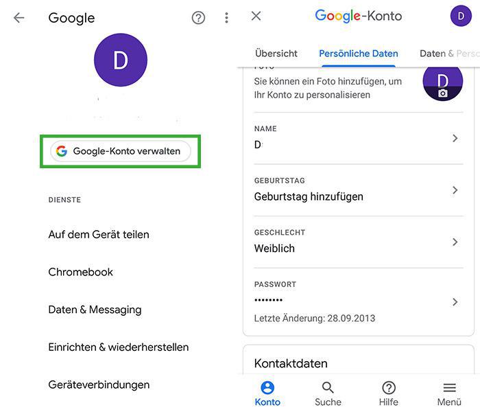 Screenshot: Google Konto erstellen und ändern in Smartphone-Einstellungen