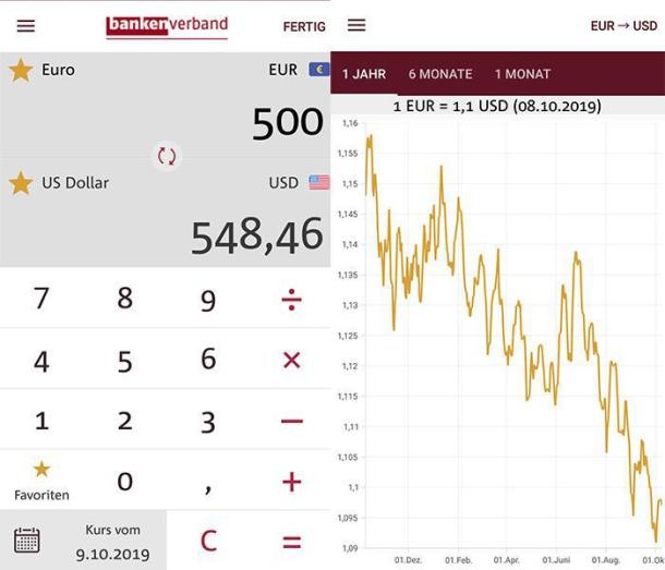 Zwei Screenshots der Währungsrechner App Währungsrechner Reise+Geld